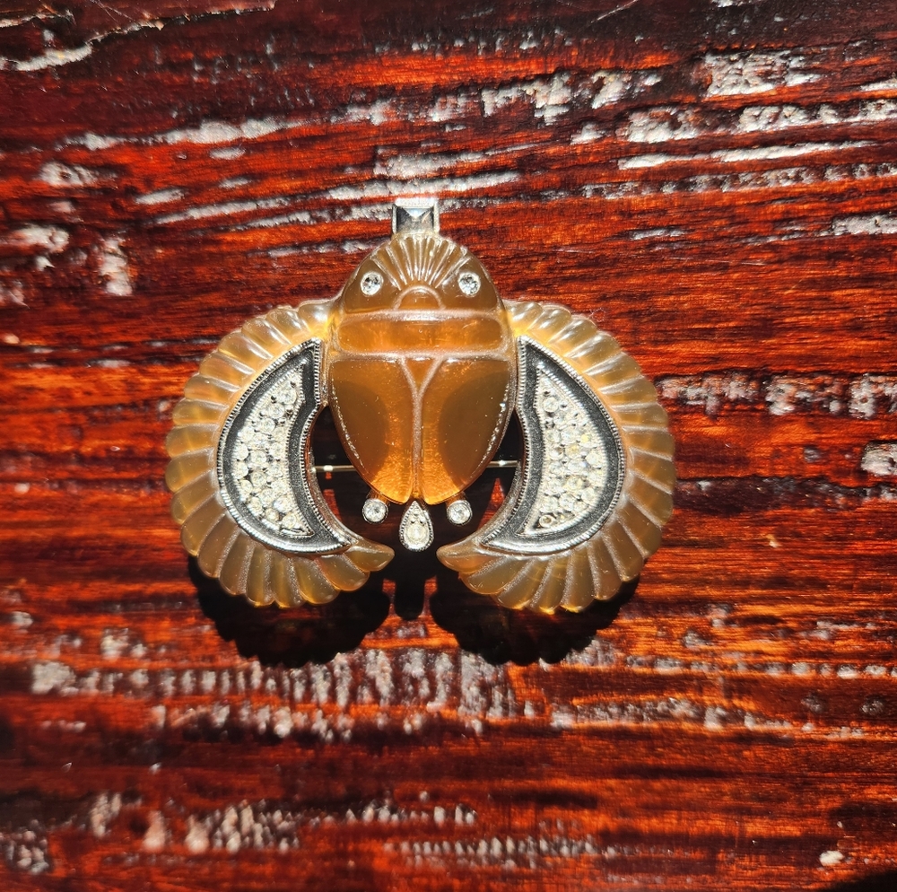 ART Deco 89 Scarab Egyptian Revival Brooch, Silver Tone Costume Rare Vintage